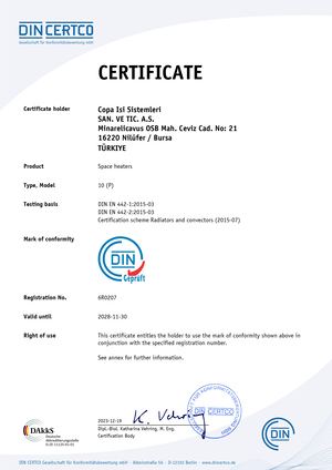 DIN CERTRO Panel Radyatör Tip 10 Sertifikası